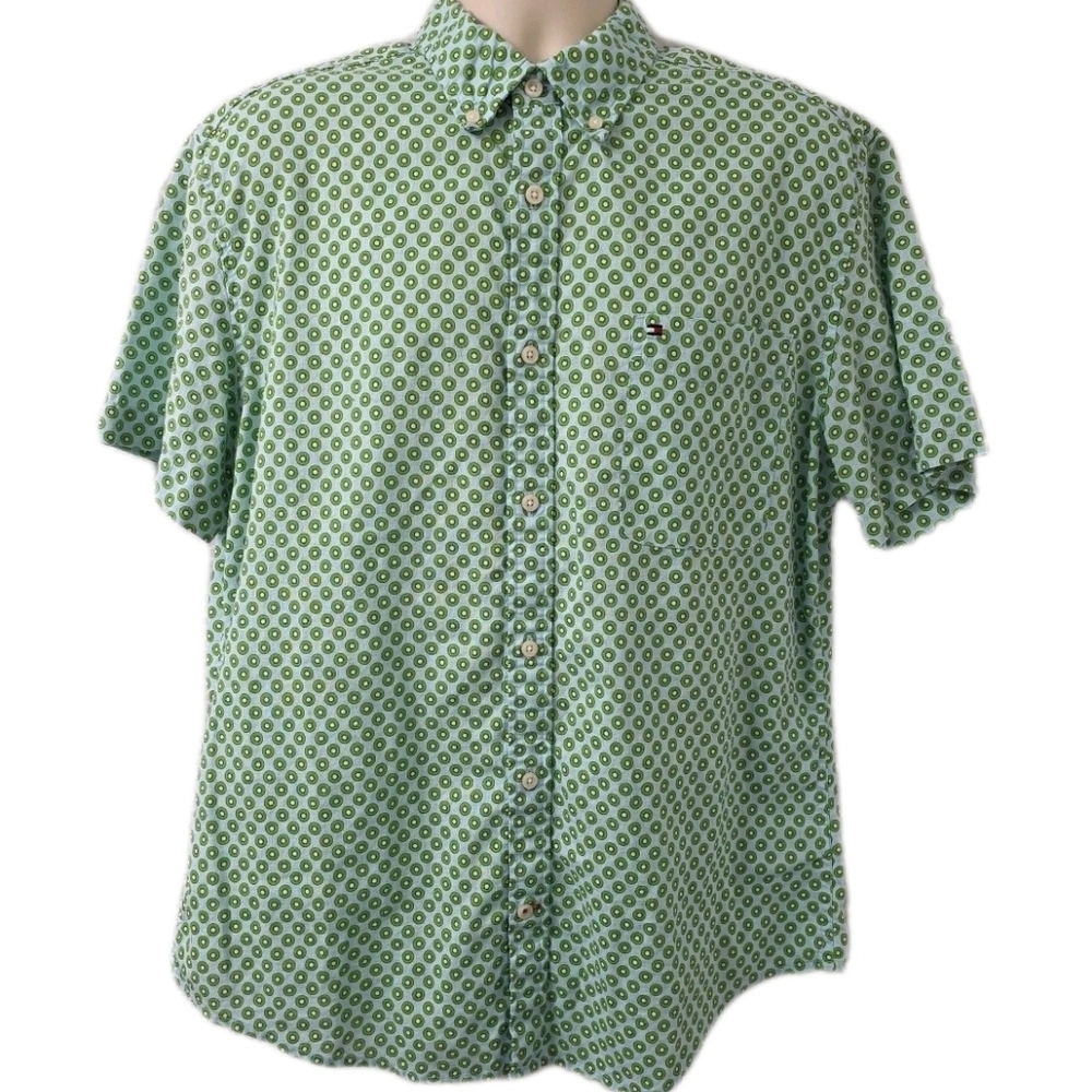 Tommy Hilfiger Light Green Geometric Short Sleeve Button-Down Shirt